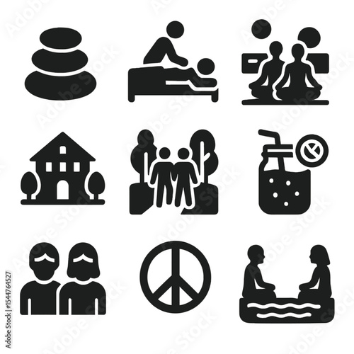 Couples' Wellness Icons. Solid, filled icons set of couples' retreat and wellness travel: spa stone, massage