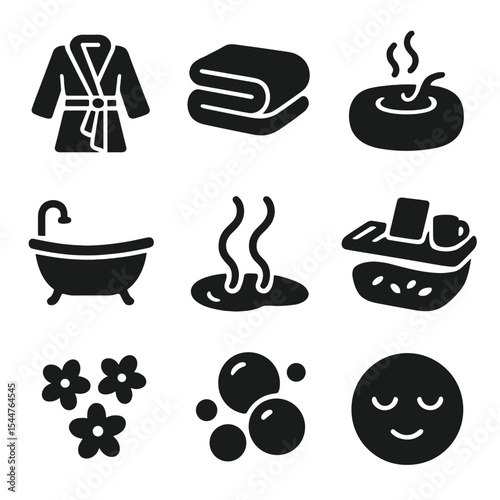 Cozy Bath Icons. Solid, filled icons set of cozy bath routine: bathrobe, bath towel, scented soap, bathtub, warm water icon, bath tray, flower petals, bubbles, peaceful icon.