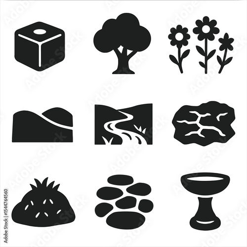 Cow-Friendly Pasture Icons. Solid, filled icons set of cow-friendly pasture features: mineral block, shady