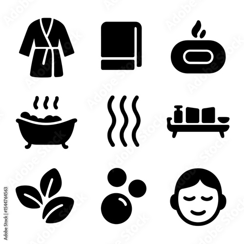 Cozy Bath Icons. Solid, filled icons set of cozy bath routine: bathrobe, bath towel, scented soap, bathtub, warm water icon, bath tray, flower petals, bubbles, peaceful icon.