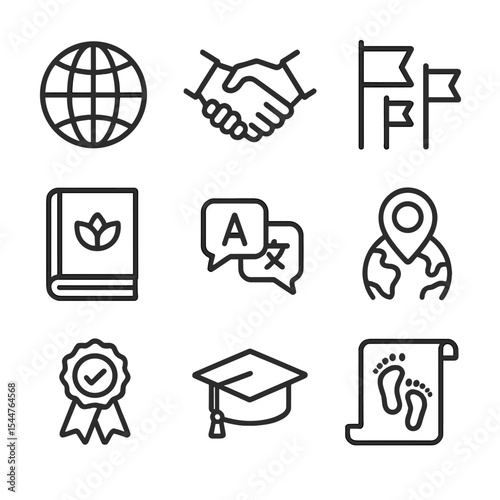 Cultural Sensitivity Icons. Outline icon set of cultural sensitivity: globe icon, diverse handshake, flag trio, cultural norms