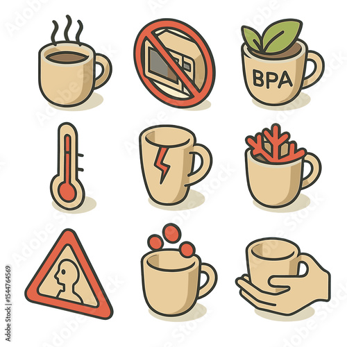 Cup Safety Icon Set. Isometric Flat icon set of cup usage safety warnings: hot beverage warning, no microwave icon, BPA-free badge