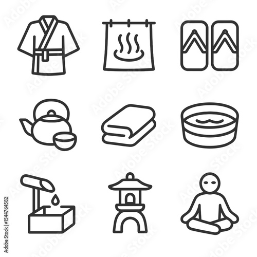 Cultural Hot Spring Icons. Outline icon set of cultural hot spring rituals: yukata robe, onsen sign, wooden geta, tea set, hot