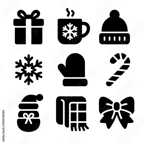 Cozy Holiday Icons. Solid, filled icons set of cozy holiday gift sharing: gift icon, holiday mug, winter hat,