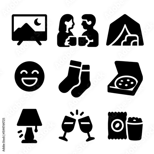 Cozy Night Icons. Solid, filled icons set of cozy night in: movie scene on TV, couple holding drinks, blanket fort, laughter icon, cozy socks, pizza box, warm light, couple’s cheers, snacks.