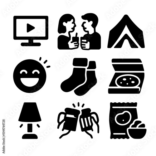 Cozy Night Icons. Solid, filled icons set of cozy night in: movie scene on TV, couple holding drinks, blanket fort, laughter icon, cozy socks, pizza box, warm light, couple’s cheers, snacks.