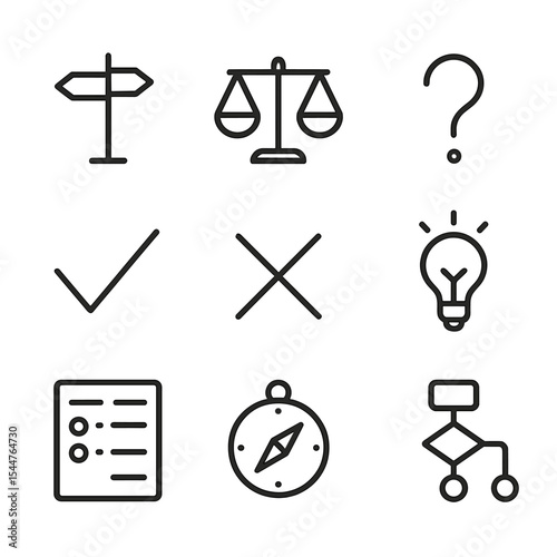 Decision Icon Set. Outline icon set of decision making coaching: forked path sign, balance scale, question mark, check mark, cross