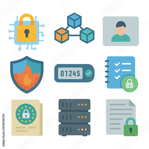 Data Security Icons. Isometric Flat icon set of patient data privacy and security: encryption lock, blockchain ledger, anonymized