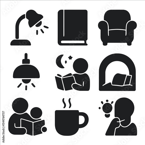 Cozy Reading Icons. Solid, filled icons set of reading moments: reading lamp, book cover, comfy chair, soft