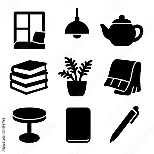 Cozy Reading Nook Icons. Solid, filled icons set of personal reading area: window seat, pendant lamp, tea pot,
