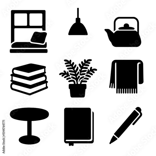 Cozy Reading Nook Icons. Solid, filled icons set of personal reading area: window seat, pendant lamp, tea pot,