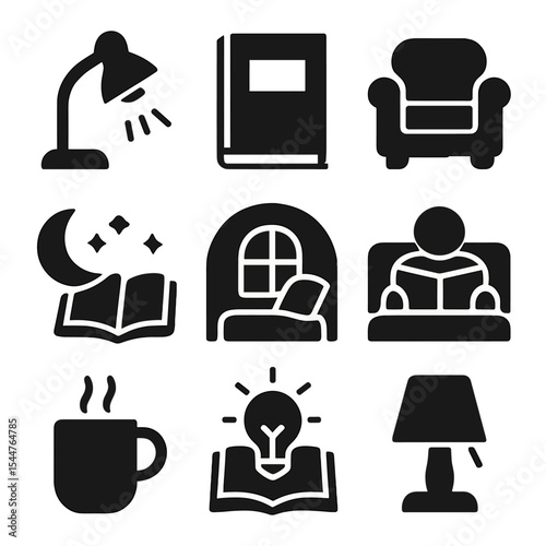 Cozy Reading Icons. Solid, filled icons set of reading moments: reading lamp, book cover, comfy chair, soft