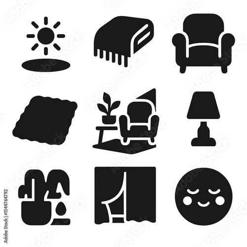 Cozy Room Icons. Solid, filled icons set of ambient room atmosphere: floor glow, soft throw, cozy chair, plush rug, peaceful corner, flickering light, warm space, evening calm, cozy vibe.