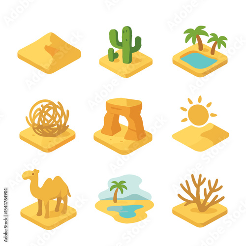 Desert Icon Grid. Isometric Flat icon set of desert landscapes: sand dune, cacti, oasis, tumbleweed, sandstone rock formation,