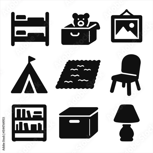Creative Kids' Room Icons. Solid, filled icons set of creative kids' room ideas: bunk bed, toy chest, wall art