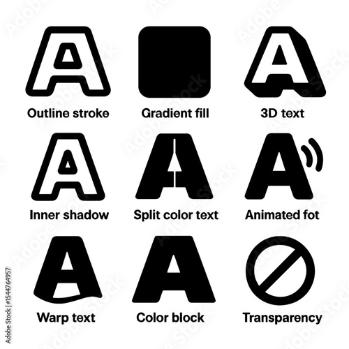 Creative Icon Effects Grid. Solid, filled icons set of creative type effects: outline stroke, gradient fill,