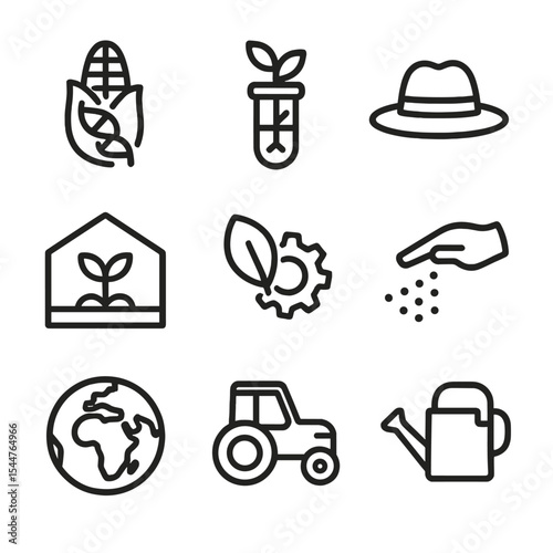 Agricultural Biotech Icons. Outline icon set of agricultural biotech ethics: GMO corn, test tube plant, farmer hat, greenhouse,