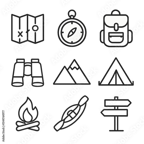 Adventure Icon Set. Outline icon set of adventure and exploration: map, compass, backpack, binoculars, mountain, tent, campfire,