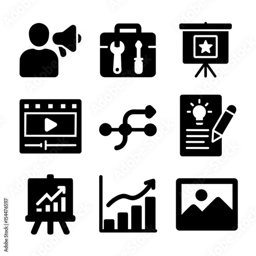 Creative Team Icons. Solid, filled icons set of cross-functional creative teams: marketing role, dev toolkit,