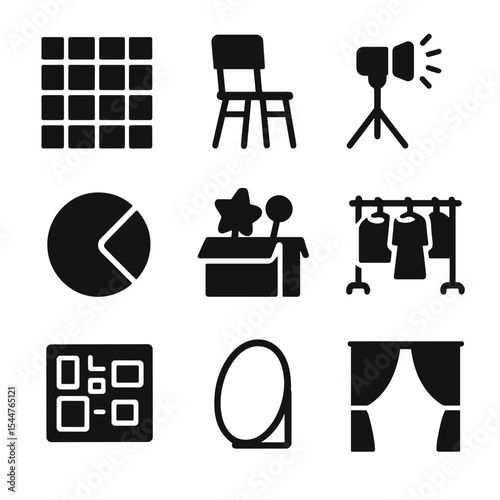 Creative Studio Icons. Solid, filled icons set of creative studio portrait sessions: seamless background,