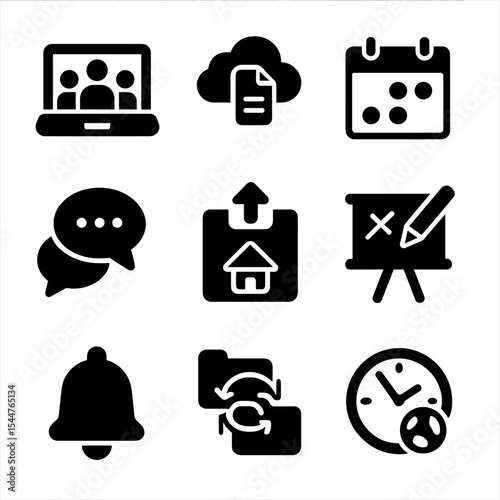 Creative Teamwork Icons. Solid, filled icons set of remote creative teamwork: video conference, cloud document