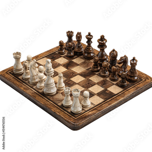 A chess board with chess pieces set up for a game on a wooden board on a black background on transparent background