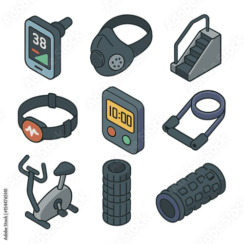Altitude Training Icons. Isometric Flat icon set of altitude training and fitness: VO₂ max meter, altitude mask, stair climber,