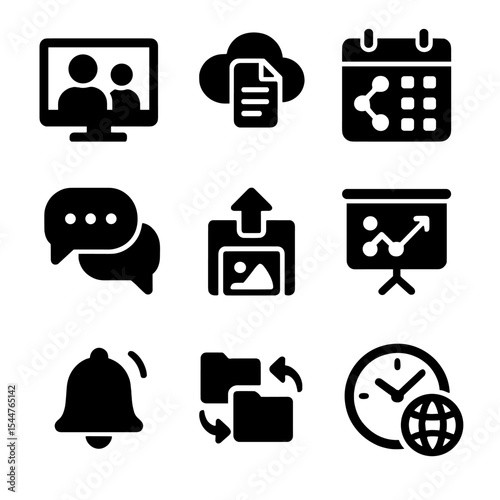 Creative Teamwork Icons. Solid, filled icons set of remote creative teamwork: video conference, cloud document
