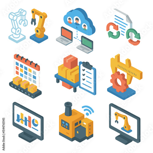 Digital Manufacturing Icons. Isometric Flat icon set of digital manufacturing workflow: digital twin, cloud collaboration, version