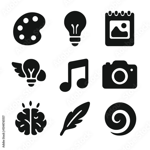 Creative Vision Icons. Solid, filled icons set of creative vision: paint palette, lightbulb, sketchpad, flying