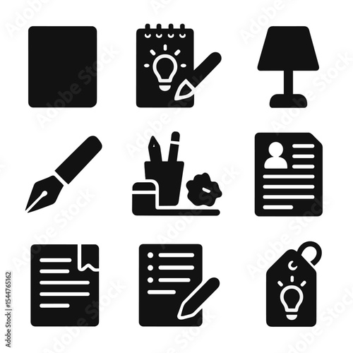 Creative Writing Icons. Solid, filled icons set of creative writing zone: journal notebook, idea sketch, mood