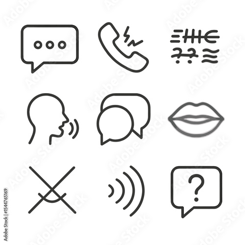 Ambiguous Communication Icons. Outline icon set of ambiguous communication: speech bubble with dots, broken telephone, garbled
