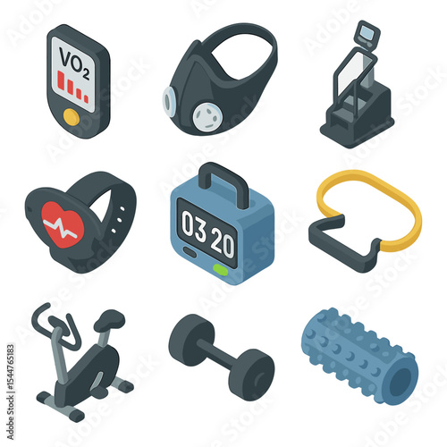 Altitude Training Icons. Isometric Flat icon set of altitude training and fitness: VO₂ max meter, altitude mask, stair climber,