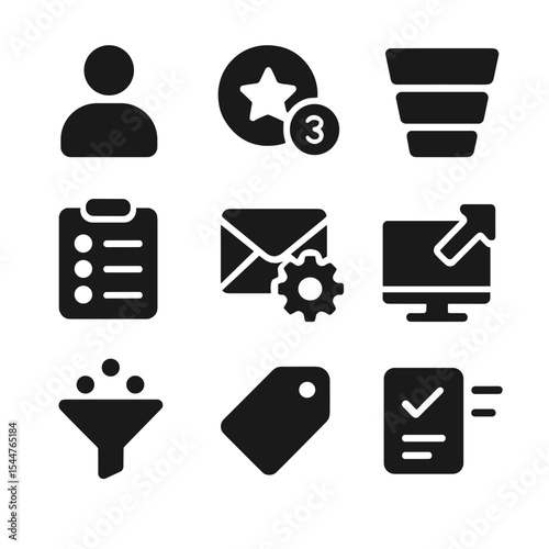 CRM Icons Grid. Solid, filled icons set of CRM and lead management: contact icon, lead score, deal pipeline,