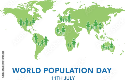 World map with family icons for world population day on july eleventh