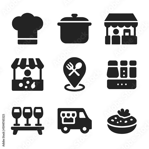 Culinary Travel Icons. Solid, filled icons set of culinary travel experiences: chef hat, cooking pot, local