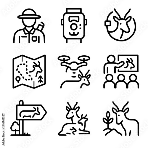 Antelope Conservation Icons. Outline icon set of antelope conservation efforts: ranger patrol, camera trap, GPS collar, protected