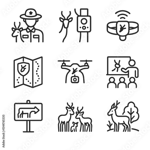 Antelope Conservation Icons. Outline icon set of antelope conservation efforts: ranger patrol, camera trap, GPS collar, protected