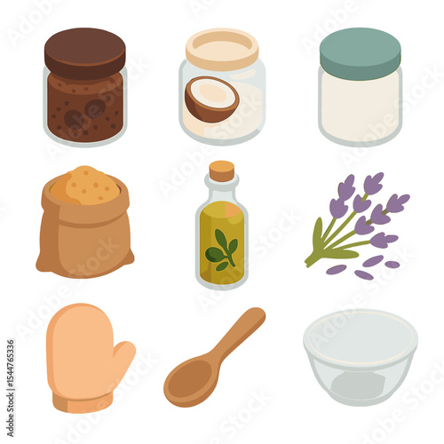 DIY Body Scrub Icons. Isometric Flat icon set of body scrub recipes: coffee body scrub jar, sugar and coconut oil pot, salt scrub