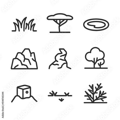 Antelope Habitat Icons. Outline icon set of antelope habitat elements: savanna grass, acacia tree, watering hole, rocky escarpment