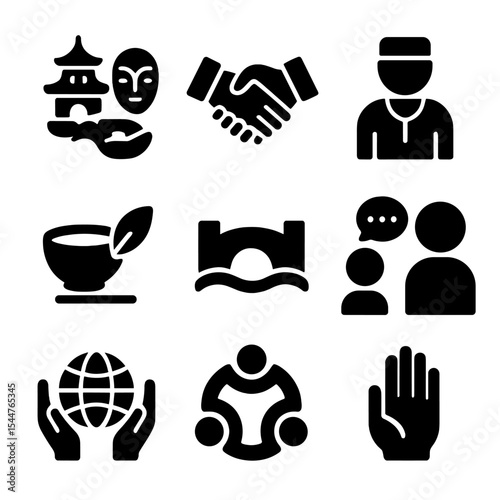 Cultural Awareness Icons. Solid, filled icons set of cultural awareness in translation: cultural icons, handshake of cultures, traditional costume, local flavor, cultural bridge, respectful talk, 