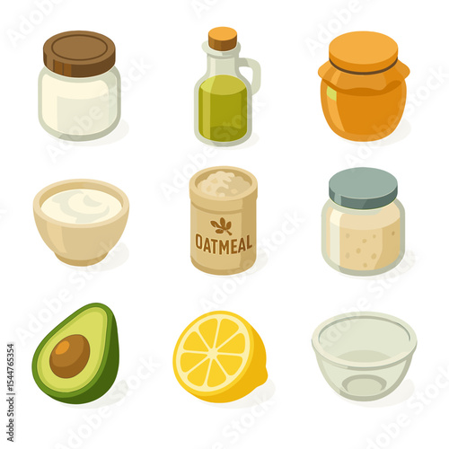 DIY Makeup Removers Icons. Isometric Flat icon set of DIY natural makeup removers: coconut oil jar, olive oil bottle, honey jar,