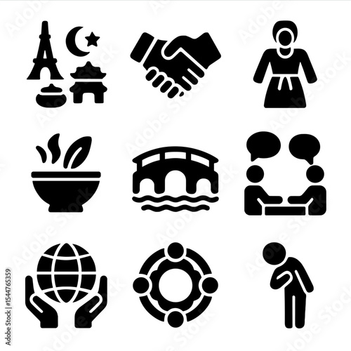 Cultural Awareness Icons. Solid, filled icons set of cultural awareness in translation: cultural icons, handshake of cultures, traditional costume, local flavor, cultural bridge, respectful talk, 