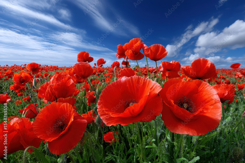 Naklejka premium Vibrant poppy flowers bloom under a clear blue sky in a scenic open field