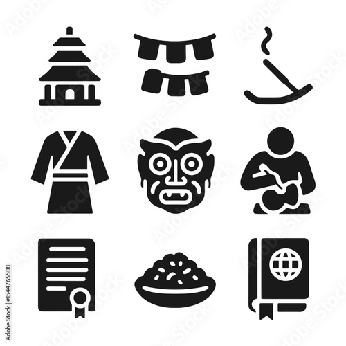 Cultural Tourism Icons. Solid, filled icons set of cultural tourism: temple, prayer flag, incense stick, folk