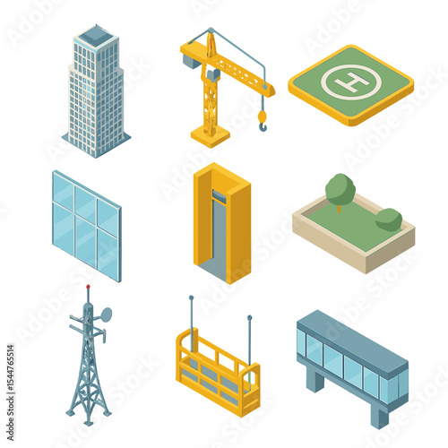 Isometric Architecture Icon Set. Isometric Flat icon set of High-Rise Architecture: skyscraper tower, construction crane, rooftop