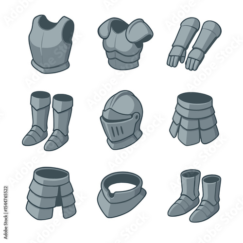Isometric Armor Icons. Isometric Flat icon set of armor piece types: chestplate, pauldrons, vambraces, greaves, helmet, gauntlets,