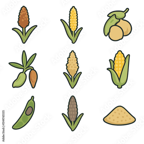 Drought-Resistant Crops Icons. Isometric Flat icon set of drought-resistant crop varieties: sorghum plant, millet stalk, chickpea