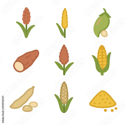 Drought-Resistant Crops Icons. Isometric Flat icon set of drought-resistant crop varieties: sorghum plant, millet stalk, chickpea