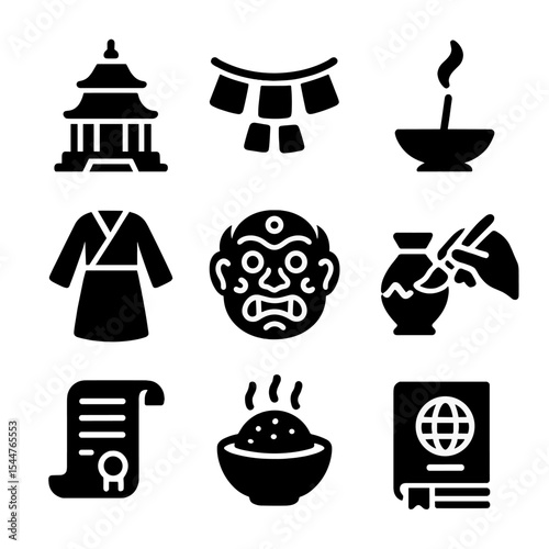 Cultural Tourism Icons. Solid, filled icons set of cultural tourism: temple, prayer flag, incense stick, folk